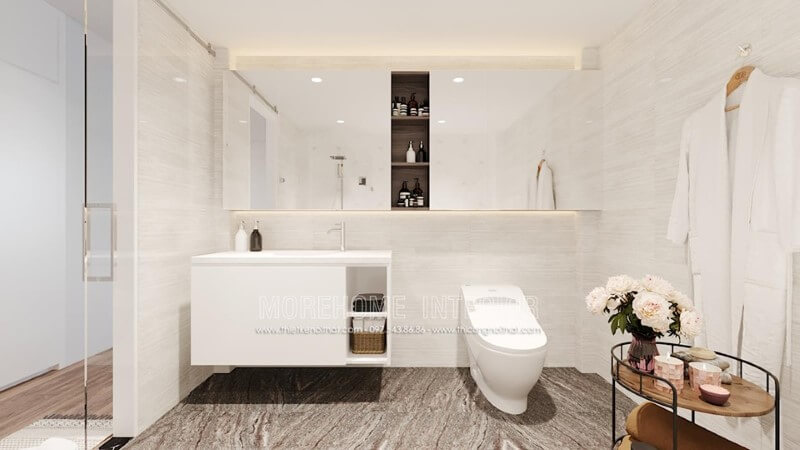 Thiết kế phòng tắm với tông màu trắng chủ đạo tạo cảm giác thoáng mát