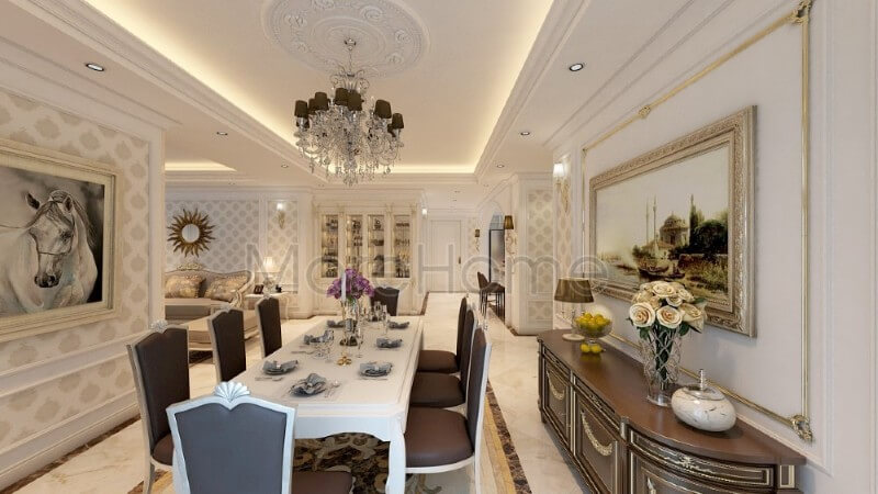 Mẫu bàn ghế ăn 8 chỗ giúp cho gia chủ thuận tiện hơn trong quá trình dùng bữa cũng của mọi thành viên trong gia đình cũng như những buổi tiệc tiếp đãi khách tới chơi nhà Mẫu bàn ăn tân cổ điển tinh tế và sang trọng