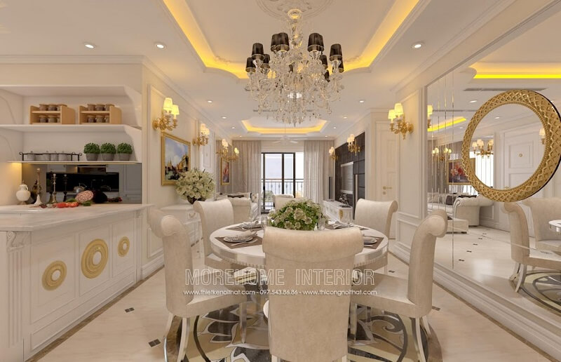 Mẫu bàn ăntân cổ điển với thiết kế độc đáo mặt bàn kính hình tròn kết hợp mẫu ghế ăn tân cổ điển bọc da cao cấp tạo điểm nhấn nổi bật cho căn phòng Mẫu bàn ăn tân cổ điển tinh tế và sang trọng