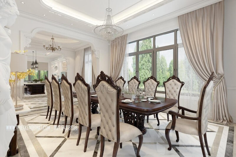 Thiết kế bàn ăn 10 chỗ phong cách tân cổ điển Mẫu bàn ăn tân cổ điển tinh tế và sang trọng