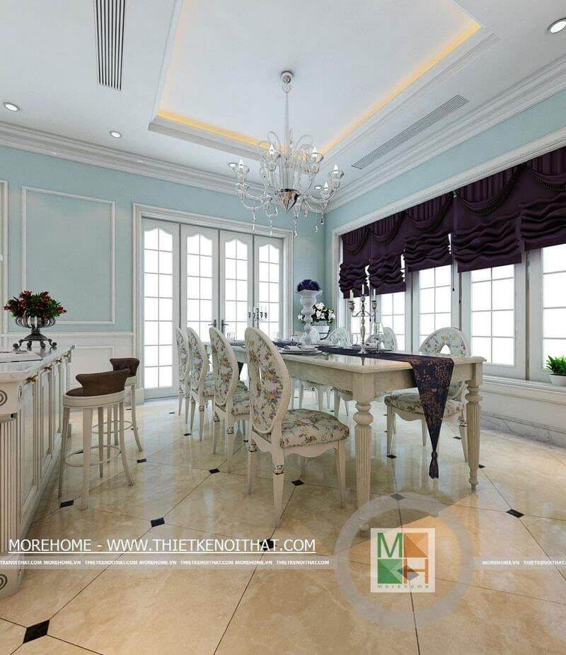 Mẫu bàn ăn gỗ tự nhiên màu trắng với thiết kế tân cổ điển kết hợp họa tiết ấn tượng mang đến sự độc đáo, tinh tế hơn cho không gian căn phòng Mẫu bàn ăn tân cổ điển tinh tế và sang trọng