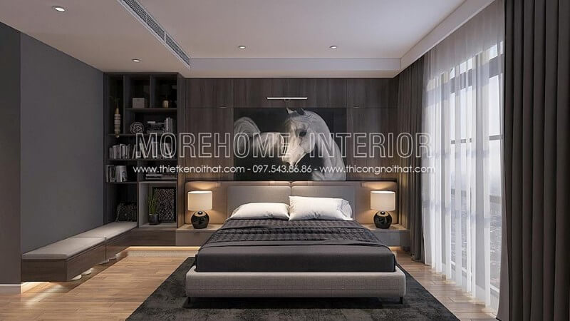 Trang trí nội thất giường ngủ chung cư hiện đại, đơn giản, phần chân giường được thiết kế thanh mảnh với chất liệu kim loại phun sơn cách điện tạo sự vũng chãi hơn