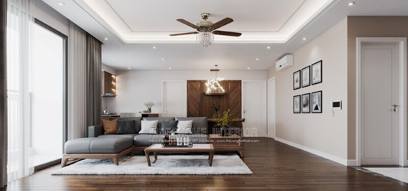 Thiết kế phòng khách chung cư Imperia Sky Garden phong cách hiện đại sang trọng với mẫu sofa gỗ óc chó cao cấp Thiết kế nội thất đồ gỗ óc chó