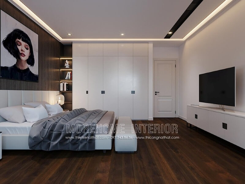 Bố trí nội thất phòng ngủ ấn tượng với tủ quần áo gỗ An Cường kết hợp kệ trang trí sát giường ngủ.