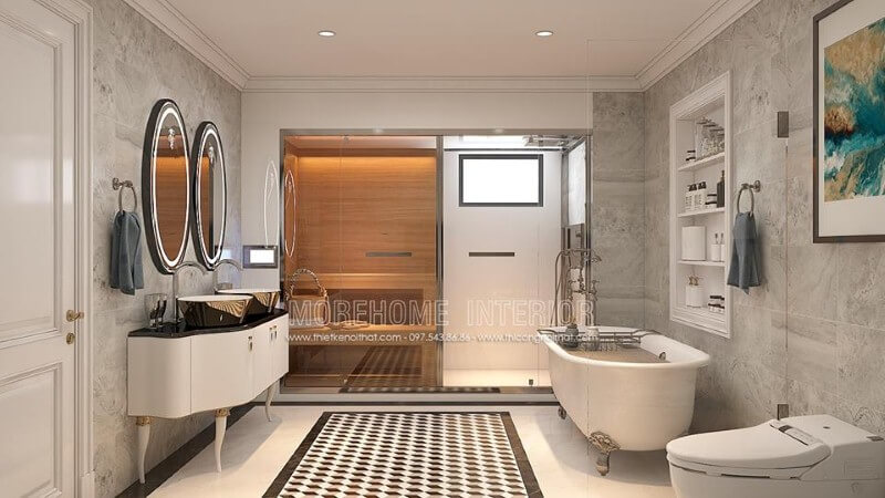 Thiết kế phòng tắm đứng kết hợp phòng xông hơi gia đình, bồn tắm đẹp, sang trọng.