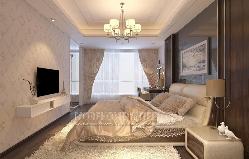 Giường ngủ chung cư cao cấp đầy ấn tượng, phần đầu giường được thiết kế dạng hơi thoải có độ cao phù hợp là chỗ dựa lưng lý tưởng để gia chủ có thể thoải mái đọc sách báo, lướt web