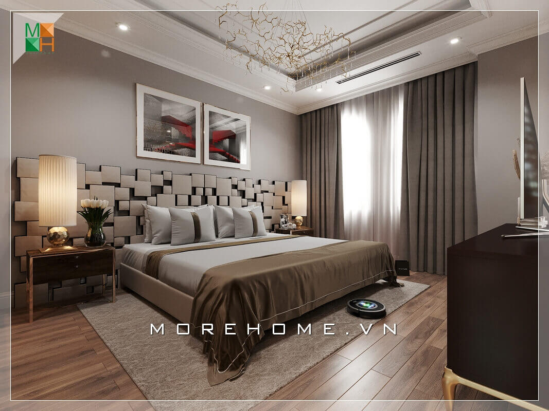 Tranh canvas cũng được sử dụng trang trí cho ăn phòng ngủ chung cư, nhà phố thêm đẹp và sang trọng. Thiết kế phòng ngủ biệt thự