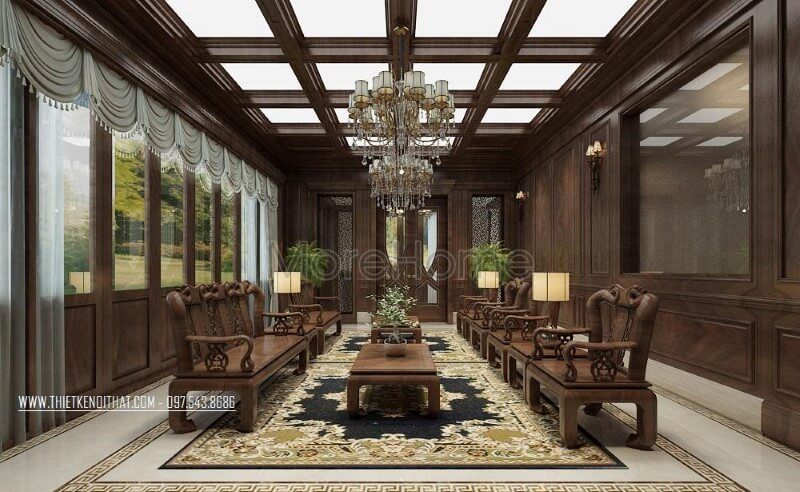 Sofa gỗ óc chó cao cấp, sang trọng cho không gian phòng khách biệt thự