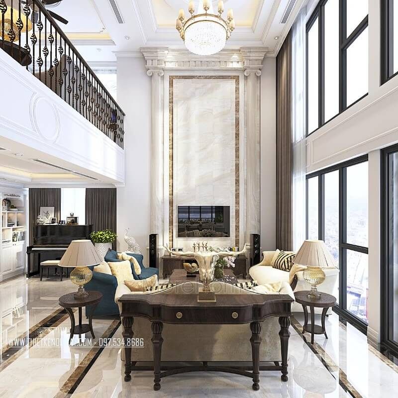 Sản phẩm kệ trang trí kệ decor bằng gỗ óc chó cao cấp tại không gian phòng khách căn hộ duplex thanh xuân hà nội