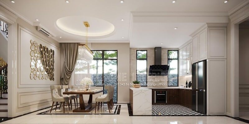 Sắp xếp nội thất phòng ăn liền phòng bếp đẹp, sang trọng theo phong cách đương đại.