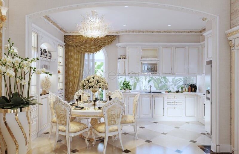 Thiết kế nội thất phòng ăn tân cổ điển liền kề với không gian phòng bếp giúp mang lại những bữa cơm nhanh chóng và ngon miệng hơn