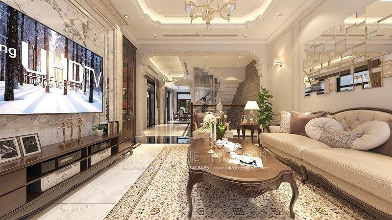 Nội thất MoreHome chuyên thiết kế bàn trà gỗ óc chó tân cổ điển cho biệt thự.