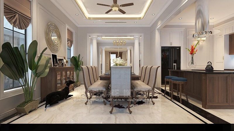 Trang trí phòng ăn đẹp với bộ bàn ghế ăn gỗ óc chó bọc nỉ tân cổ điển cao cấp
