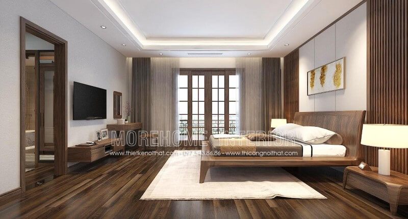Táp đầu giường ngủ gỗ óc chó hiện đại đẹp tại phòng ngủ biệt thự An Hưng Hà Đông Hà Nội