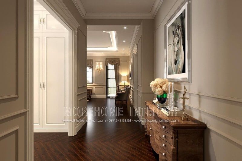 Mẫu kệ decor kệ trang trí gỗ óc chó tân cổ điển đẹp tại sảnh phòng ngủ biệt thự