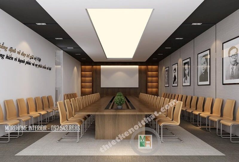 Trang trí phòng họp công ty VCC với đồ nội thất gỗ công nghiệp hiện đại kết hợp tranh canvas treo tường đẹp, cùng hiệu ứng đèn led độc đáo