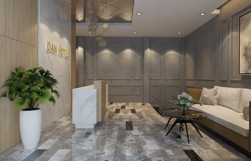 Mẫu thiết kế nội thất sảnh lễ tân khách sạn cao cấp sử dụng đá nhân tạo màu trắng ốp tường mang đến vẻ đẹp sang trọng, tinh tế.