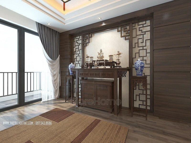 Mẫu thiết kế phòng thờ tổ tiên đẹp gỗ tự nhiên với tông màu nâu trầm mang đến vẻ đẹp trang trọng.
