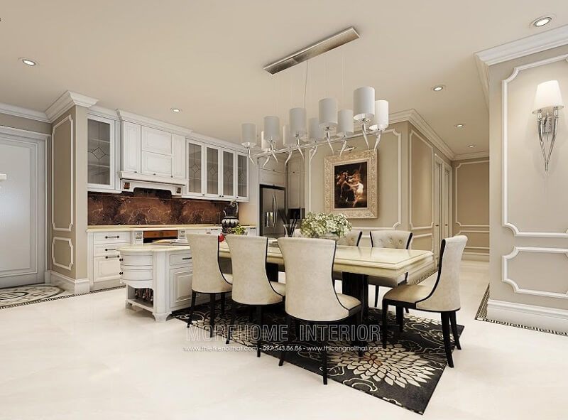 Bộ bàn ăn tân cổ điển với thiết kế sang trọng, tinh tế với 6 ghế ăn gỗ tự nhiên bọc da mang đến một không gian phòng ăn mơ ước cho gia chủ