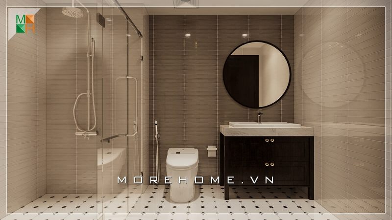 Mẫu phòng tắm hiện đại với kệ tủ lavobo gỗ tự nhiên nhỏ gọn màu nâu trầm, gương tròn trang trí, vách tắm kính đẹp và thiết bị vệ sinh cao cấp.