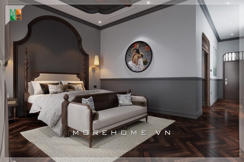 Mẫu giường ngủ tân cổ điển khung gỗ kết hợp băng sofa khung gỗ tự nhiên đẳng cấp tăng độ tiện nghi cho không gian phòng ngủ.
